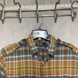 VTG Polo Ralph Lauren Shirt Men's L Beige Army Military Plaid Casual Button Up